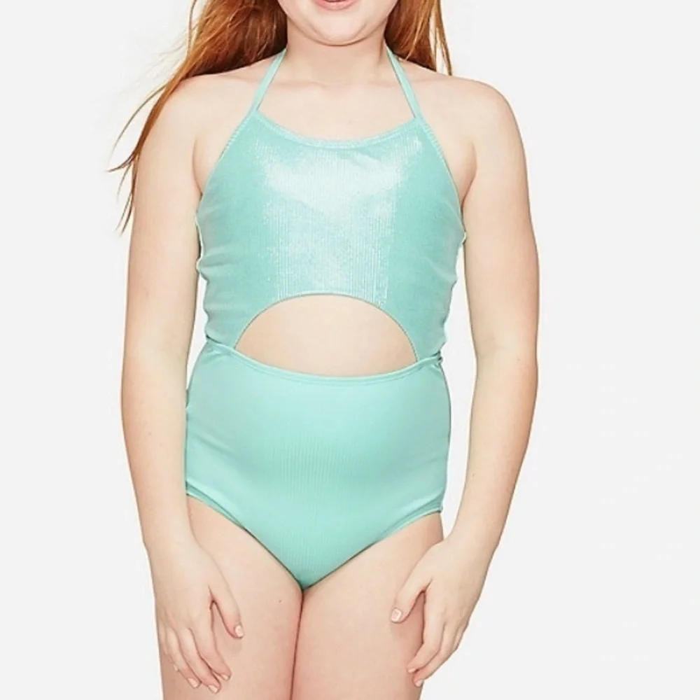 nwt justice girls ribbed cutout halter one piece Sz 6&8 green bathing swimsuit
